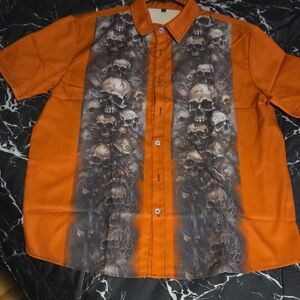Bold Orange Skull Print Casual Shirt